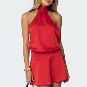 Edikted Red Halter Mini Dress Open Back Bow Tie XS NWT Coquette Party Night Out